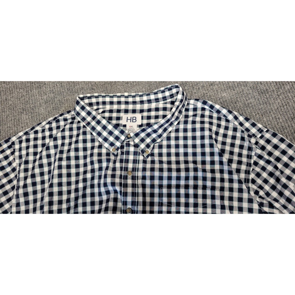 HB Mens 6XL Button Down Navy‎ Blue White Gingham Check Long Sleeve Big & Tall